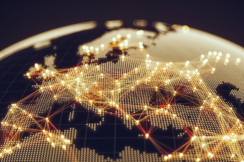 An orange network around the world showing a global network highlighting global electronic component sourcing companies.