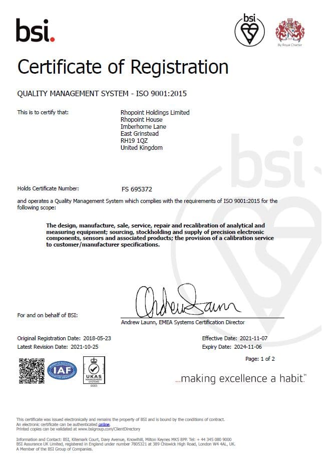 ISO 9001 - 2015 Certificate p1 Rhopoint Holdings Expiry Date 06.11.2024