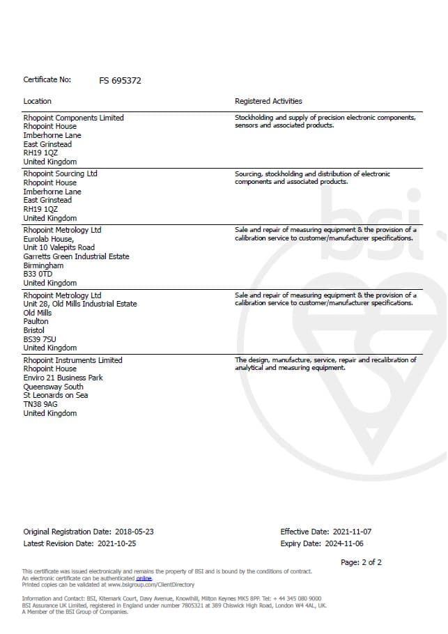 ISO 9001 - 2015 Certificate p2 Rhopoint Holdings Expiry Date 06.11.2024