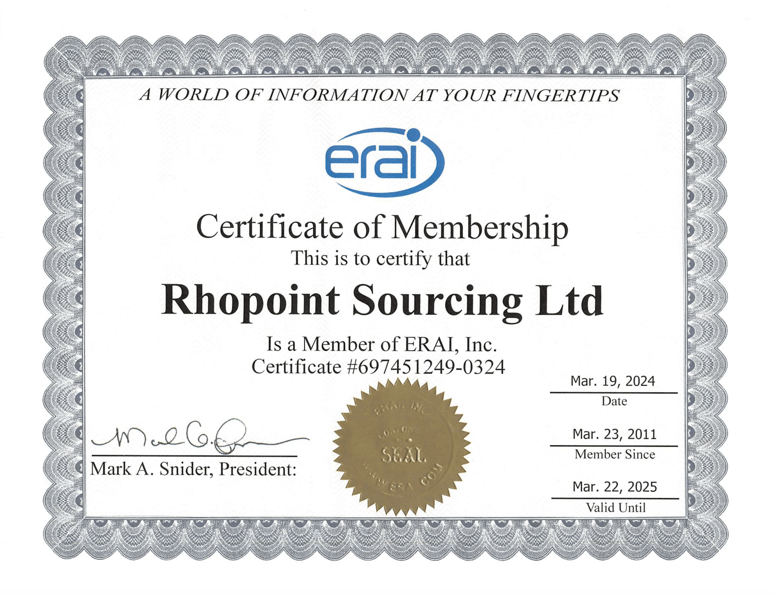 ERAI Membership Certificate 24/25